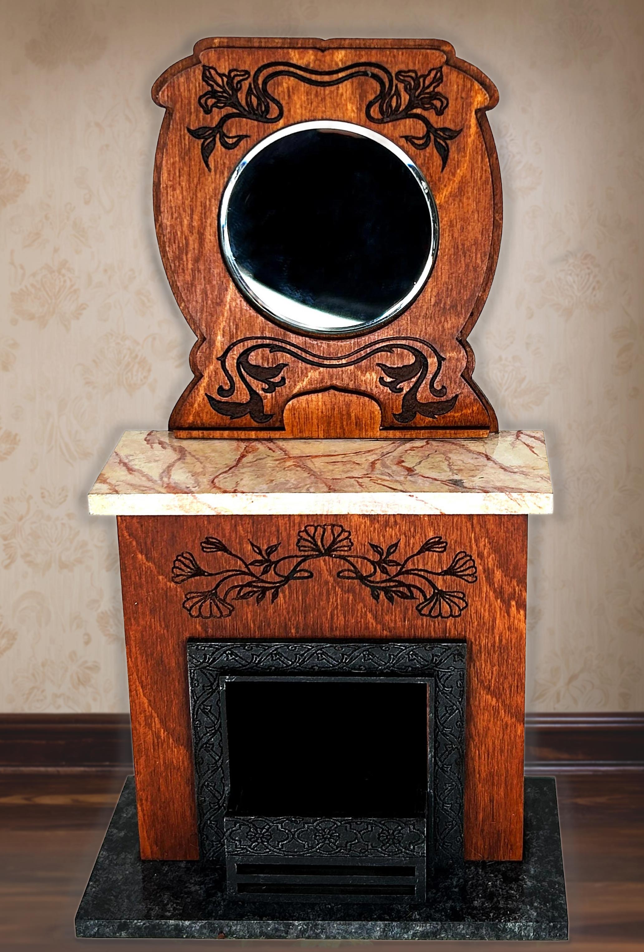 Art Nouveau Dollhouse Fireplace Kit – 1:12 Scale and 1:24 Scale Miniature Fireplace with Mirror